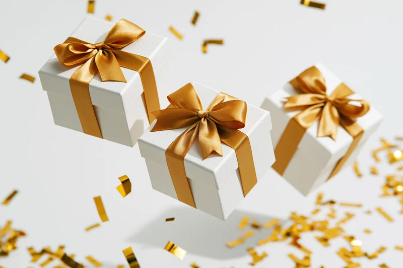 Three white gift boxes with gold satin ribbons and bows floating among scattered golden confetti on a white background