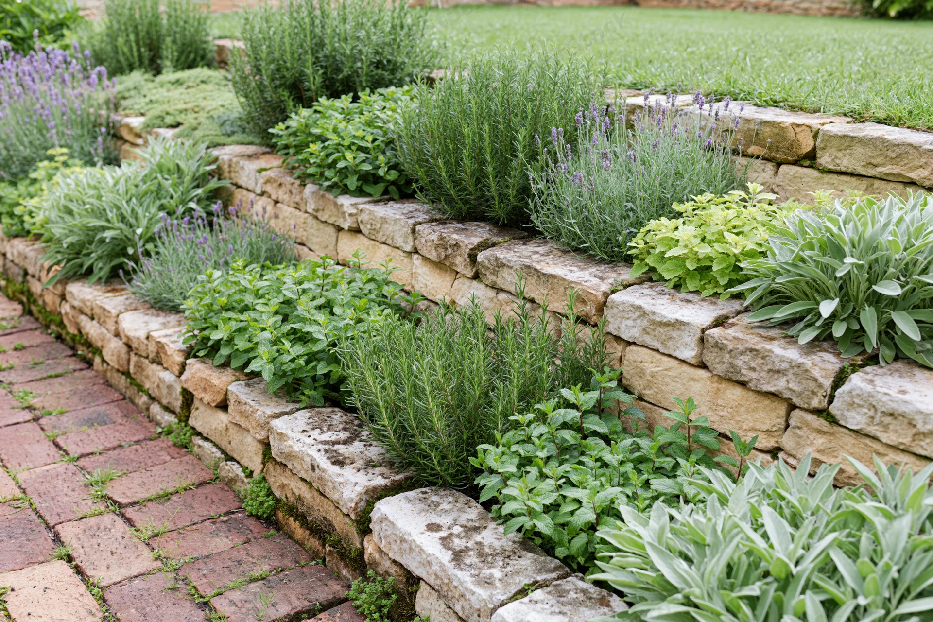 Tiered herb garden with stacked sandstone retaining walls and brick pathway