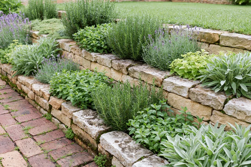 Tiered herb garden with stacked sandstone retaining walls and brick pathway