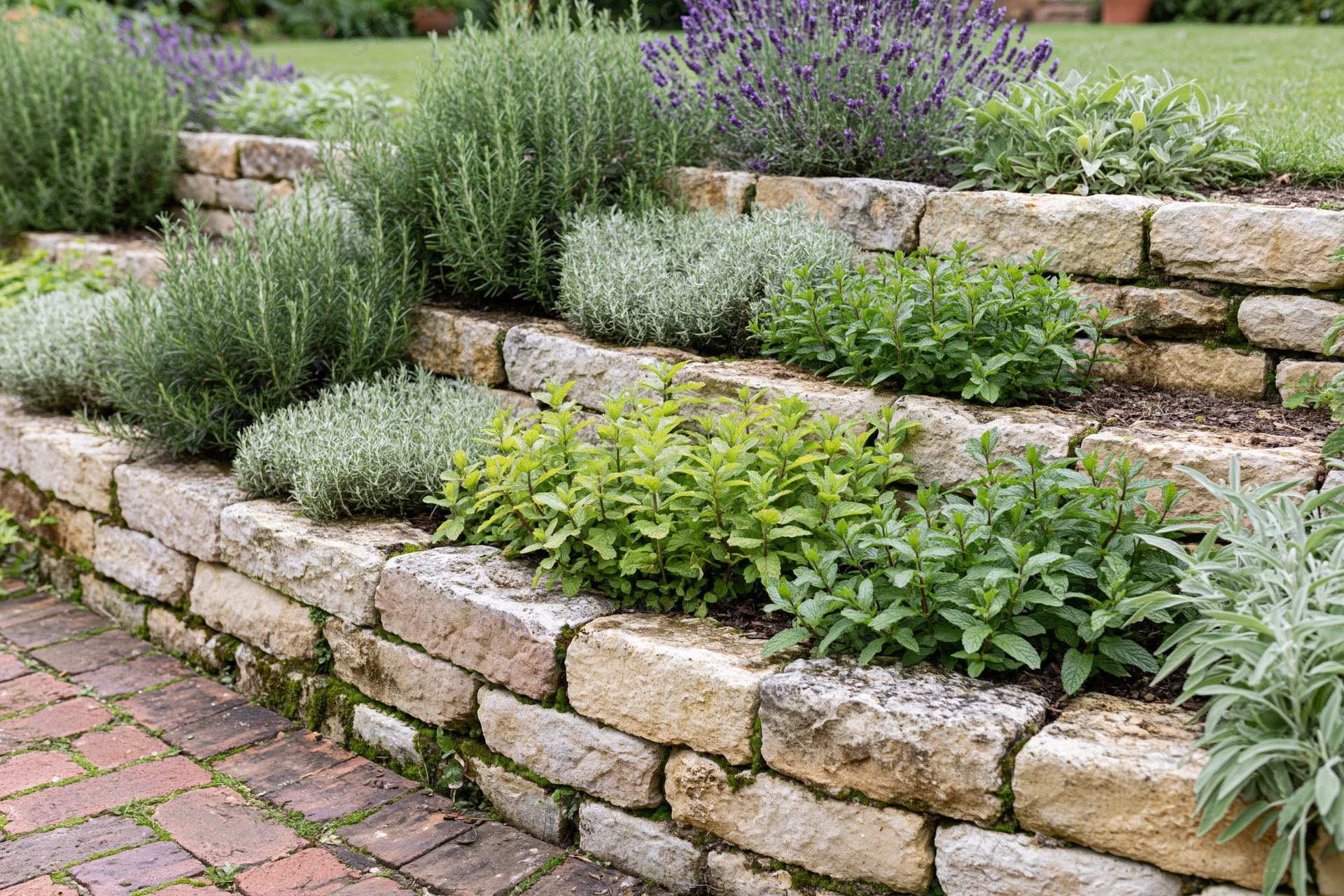 Tiered herb garden with stacked sandstone retaining walls and green plants growing in terraced beds alongside a brick pathway