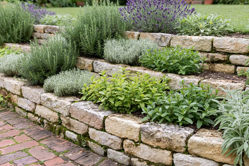 Tiered herb garden with stacked sandstone retaining walls and green plants growing in terraced beds alongside a brick pathway