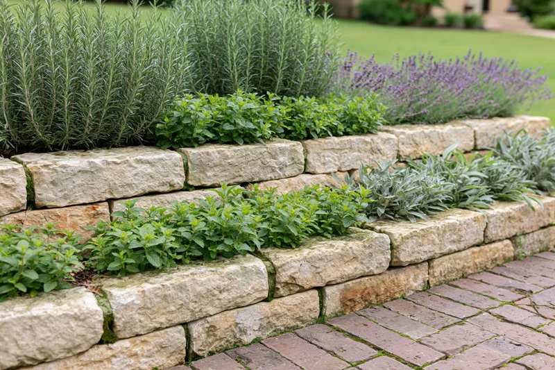 Tiered herb garden with stacked sandstone retaining walls and greenery growing along the edges