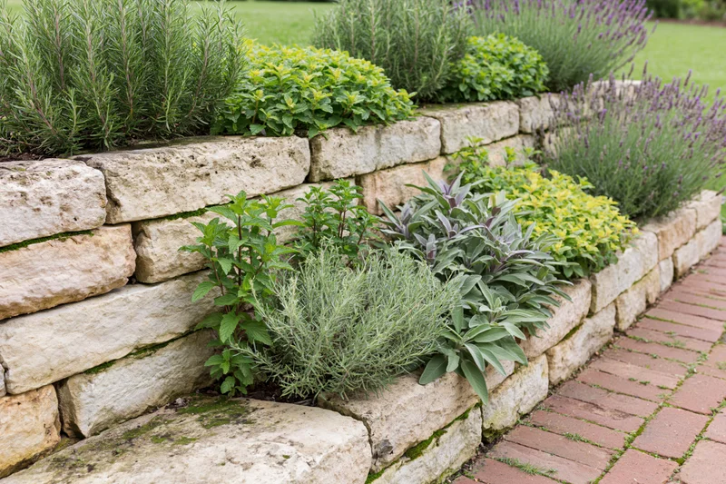 Tiered herb garden with stacked sandstone retaining walls and brick pathway