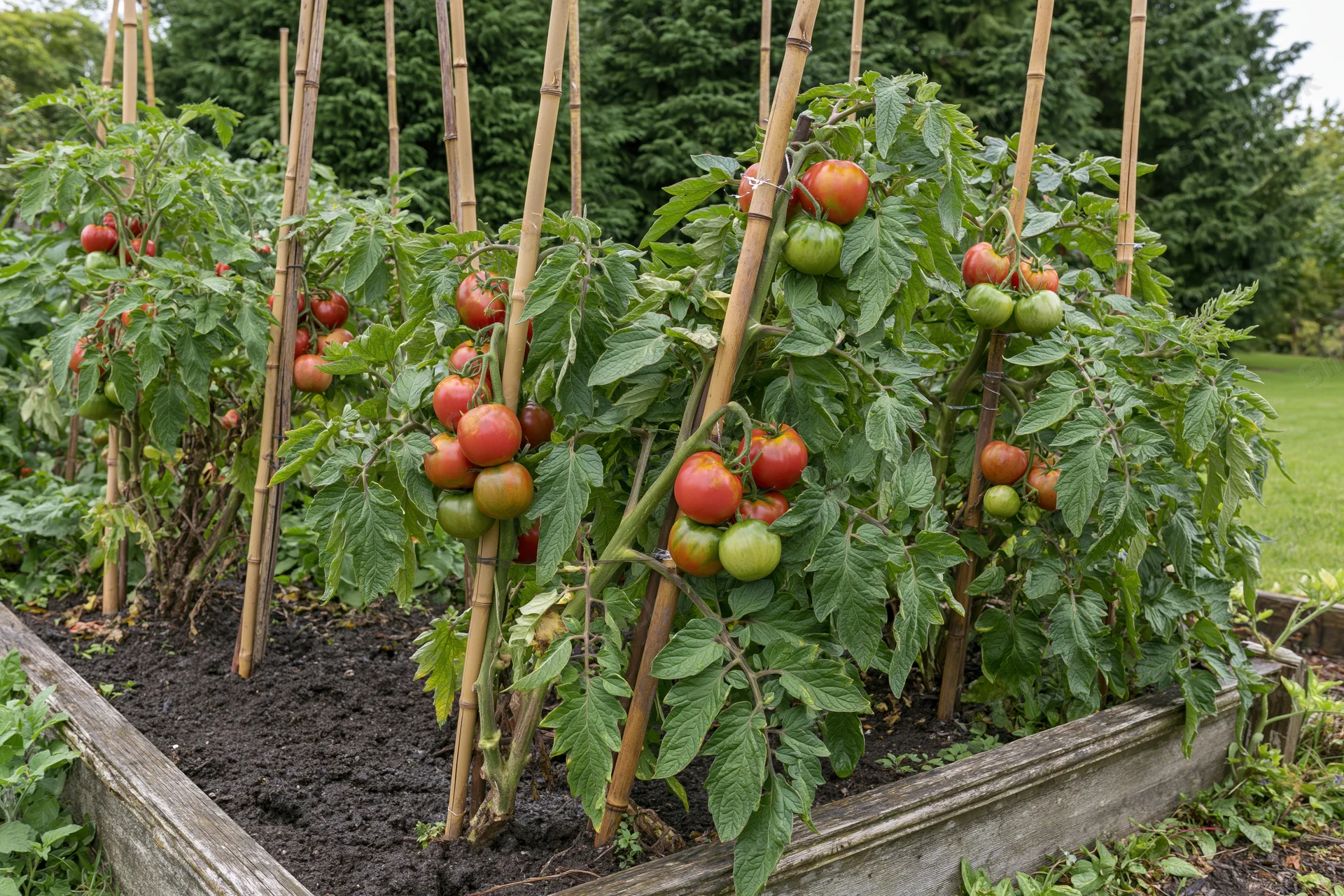 Tomato plants with ripening red and green fruit growing in a raised garden bed supported by bamboo stakes