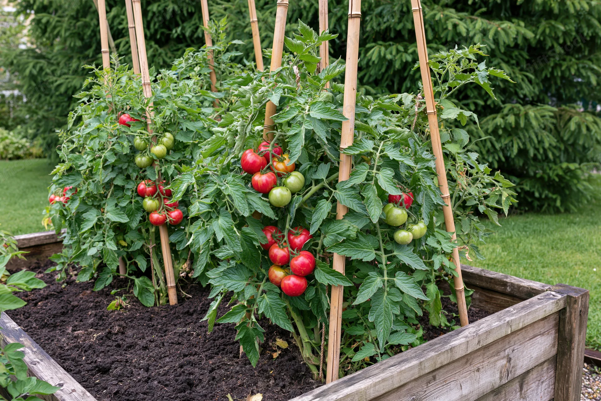 Tomato plants ripening on bamboo stakes in a wooden raised garden bed