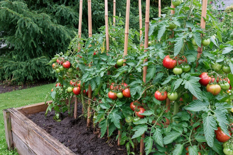 Tomato plants ripening on vines in a raised wooden garden bed supported by bamboo stakes