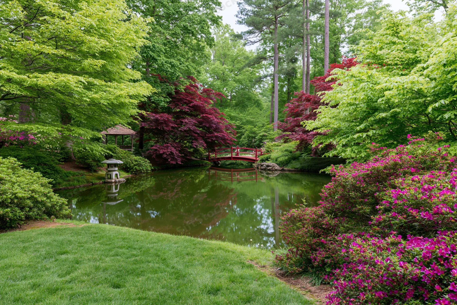 Traditional japanese garden with ornamental pond, red bridge, and blooming azaleas in spring