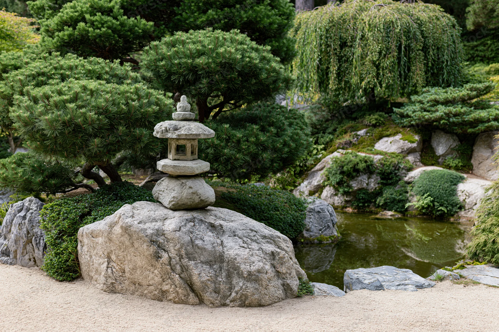 Stone lantern on a rock in a traditional japanese garden with pine trees and a pond