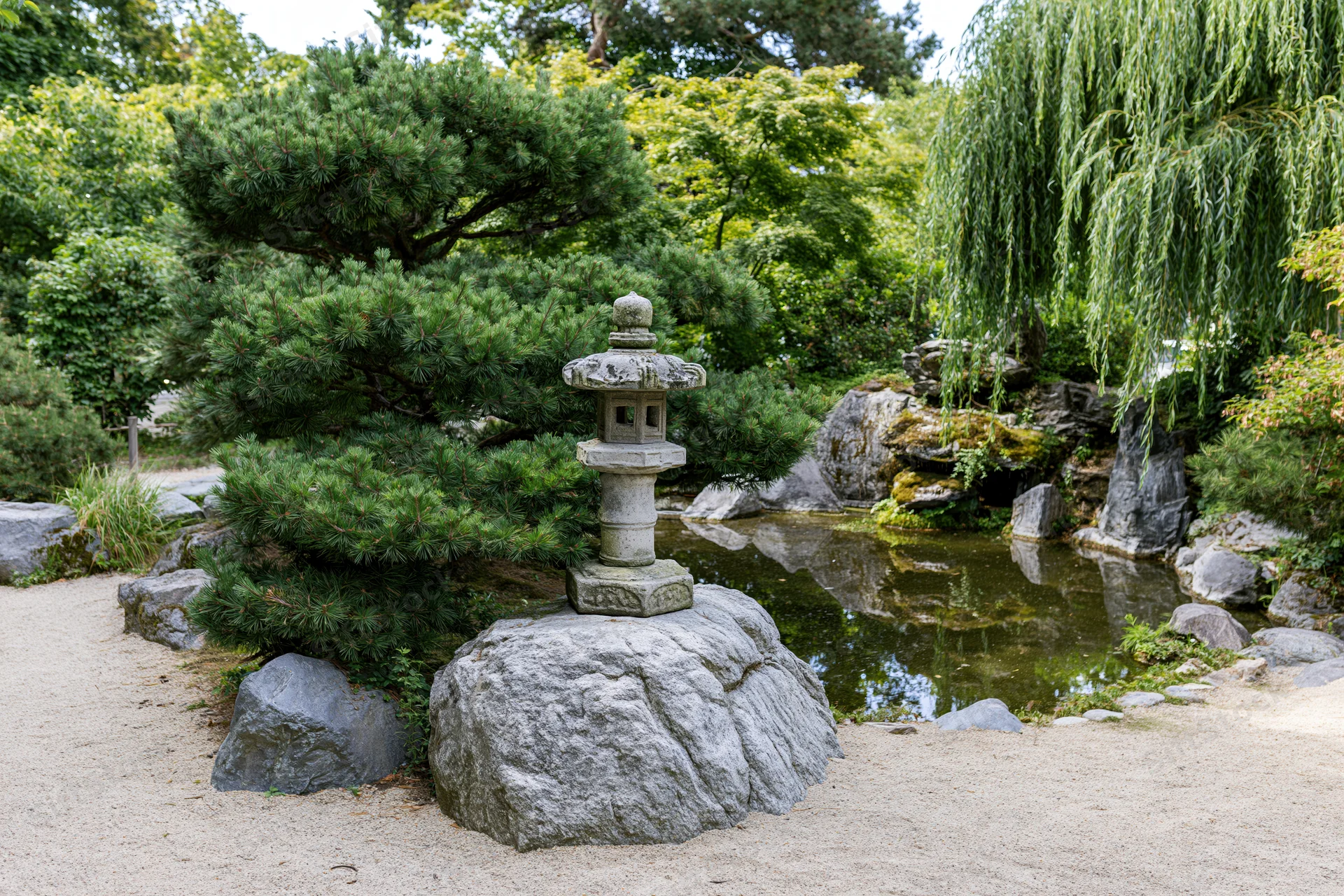 Stone lantern on a rock in a traditional japanese garden with pine trees, a pond, and raked sand