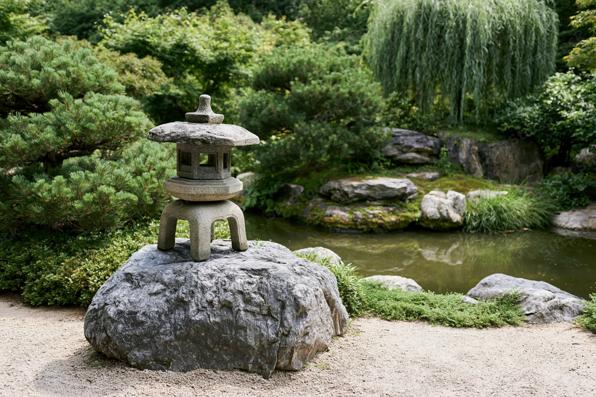 Stone lantern on a rock in a traditional japanese garden with pond and greenery
