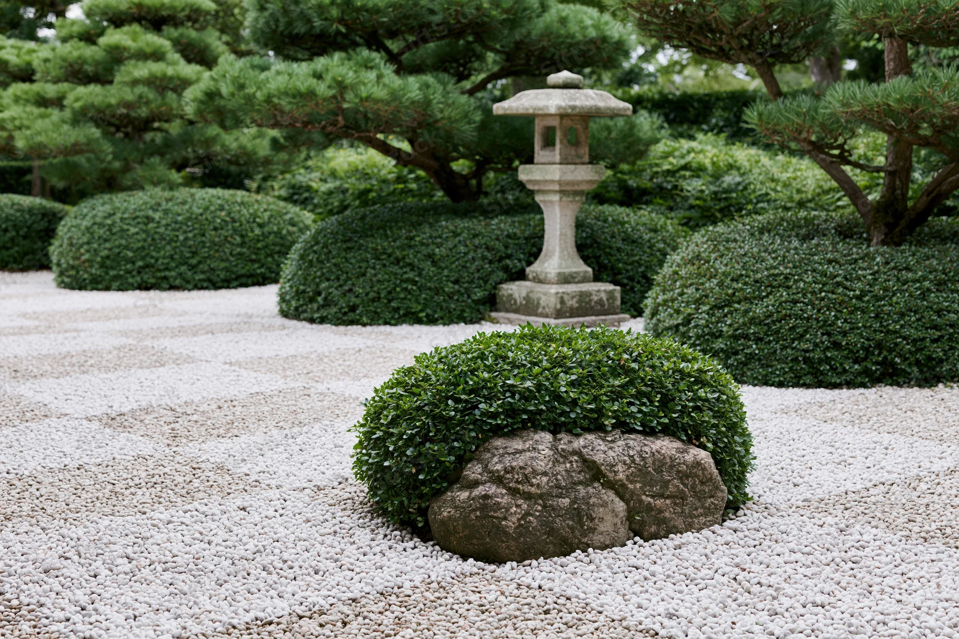 Traditional japanese zen garden with raked white gravel, stone lantern, and trimmed shrubs arranged in symmetry