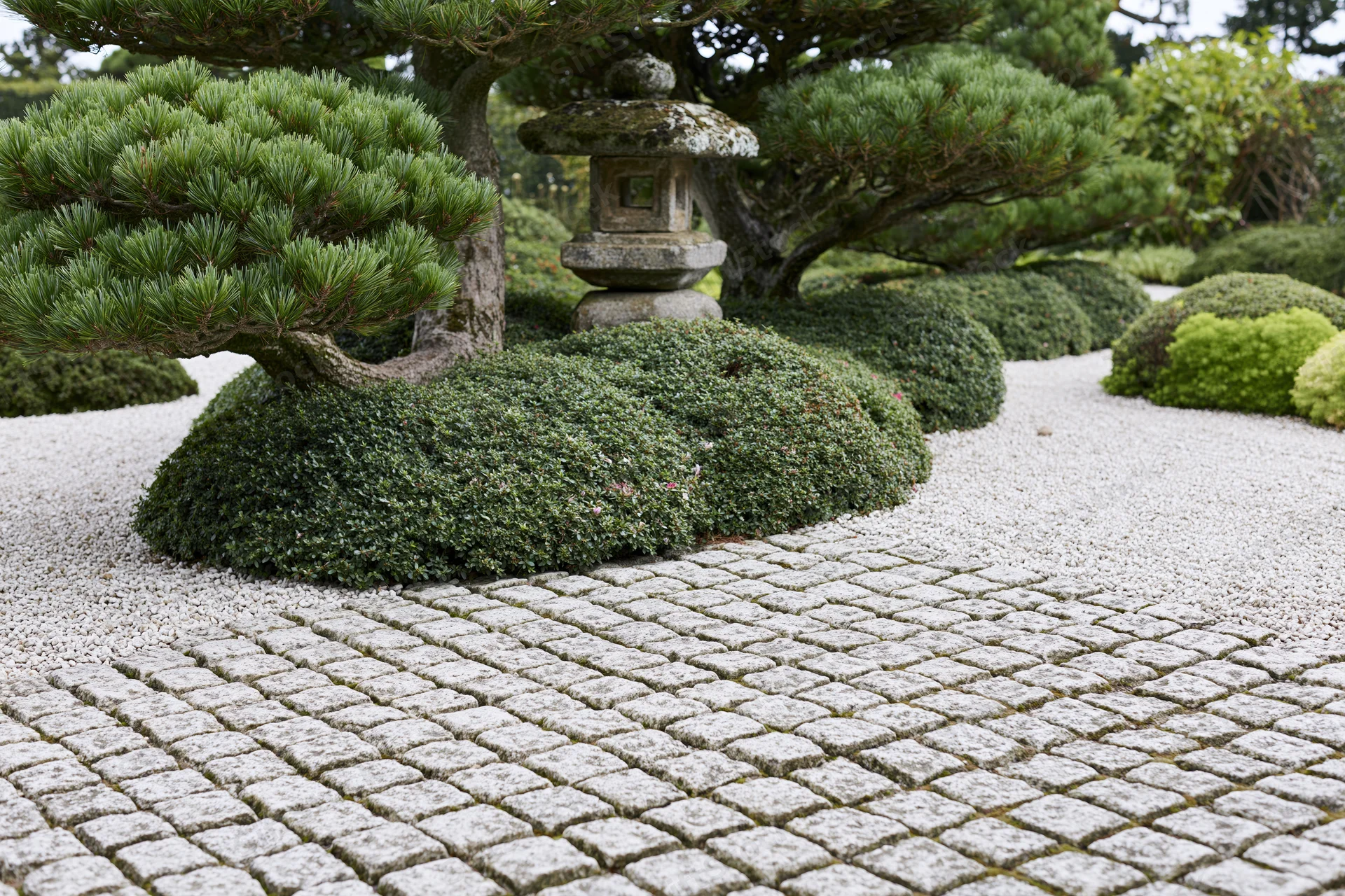 Traditional japanese zen garden with raked white gravel, stone lantern, and pruned pine trees on cobblestone path