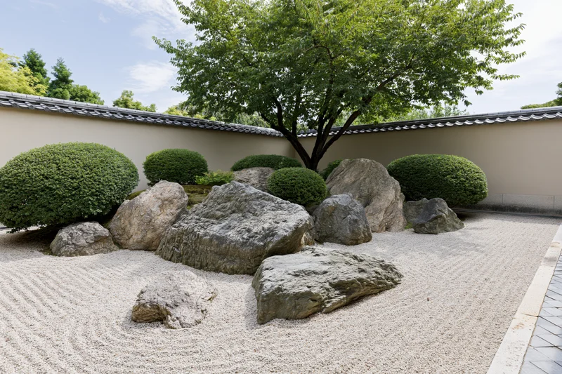 Traditional japanese zen garden with raked gravel and arranged rocks surrounded by trimmed shrubs and a tiled wall