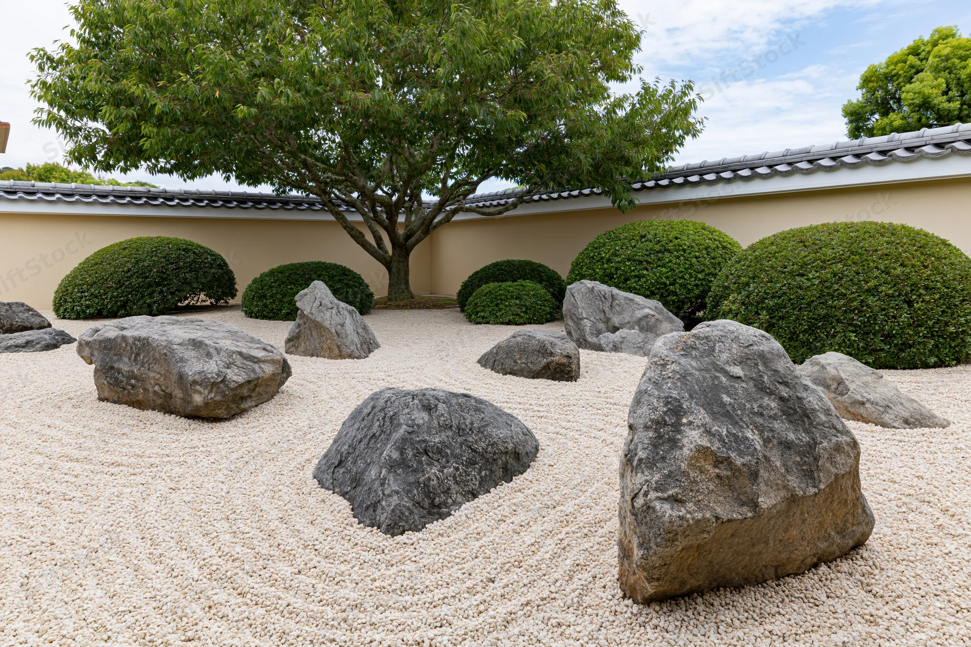 Traditional japanese zen garden with raked gravel, large rocks, and trimmed shrubs under a tree near a tiled roof wall