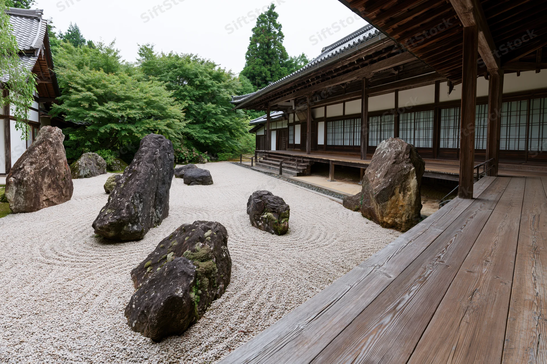Traditional japanese zen garden with raked gravel and large rocks arranged in a courtyard beside a wooden temple building