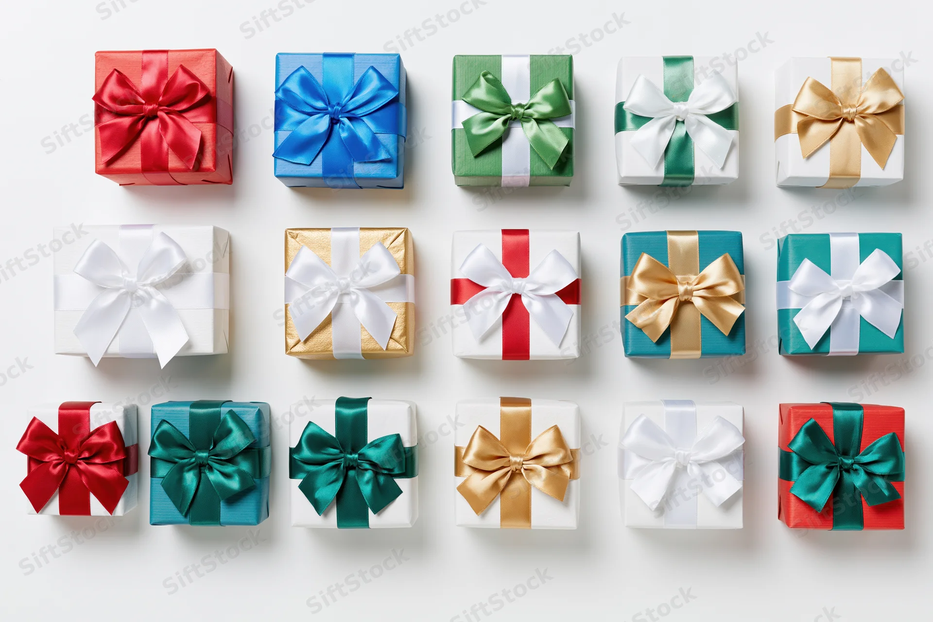 Twelve wrapped gift boxes arranged in a three-by-four grid on white background