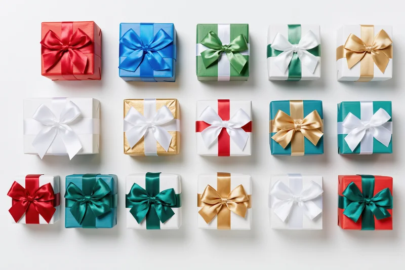 Twelve wrapped gift boxes arranged in a three-by-four grid on white background