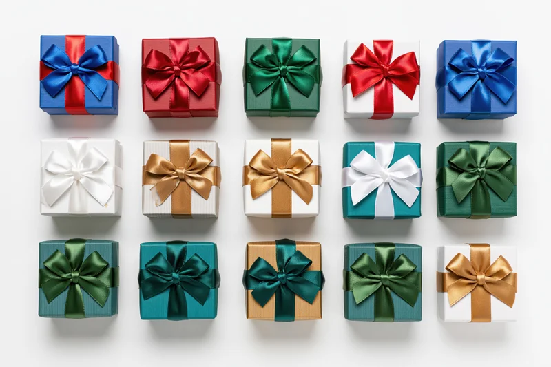 Twelve wrapped gift boxes arranged in a three-by-four grid on white background