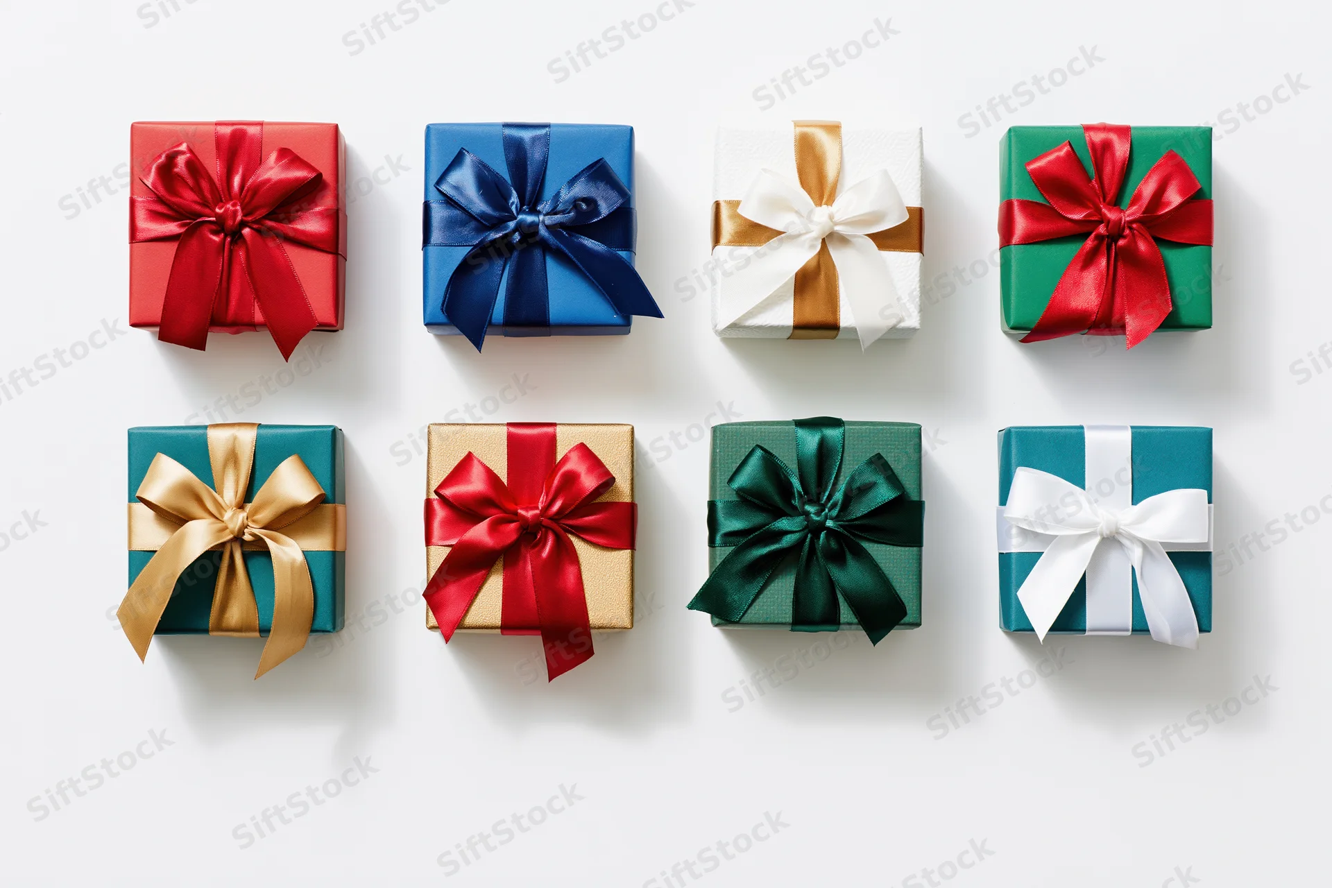 Twelve wrapped gift boxes arranged in a grid on white background