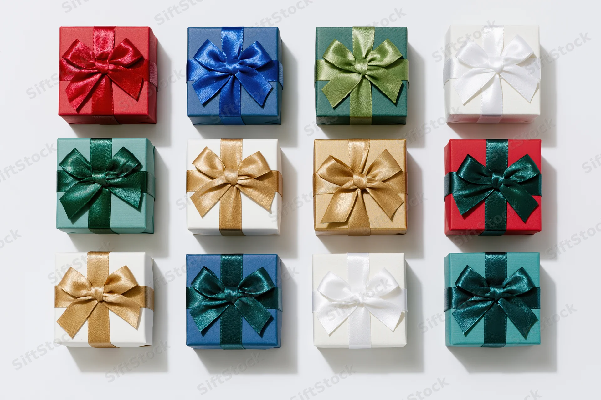 Twelve wrapped gift boxes arranged in a three-by-four grid on white background