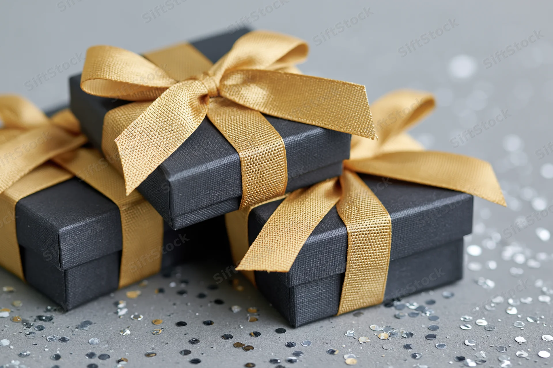 Three dark charcoal gift boxes tied with gold satin ribbon bows on a gray surface with scattered confetti