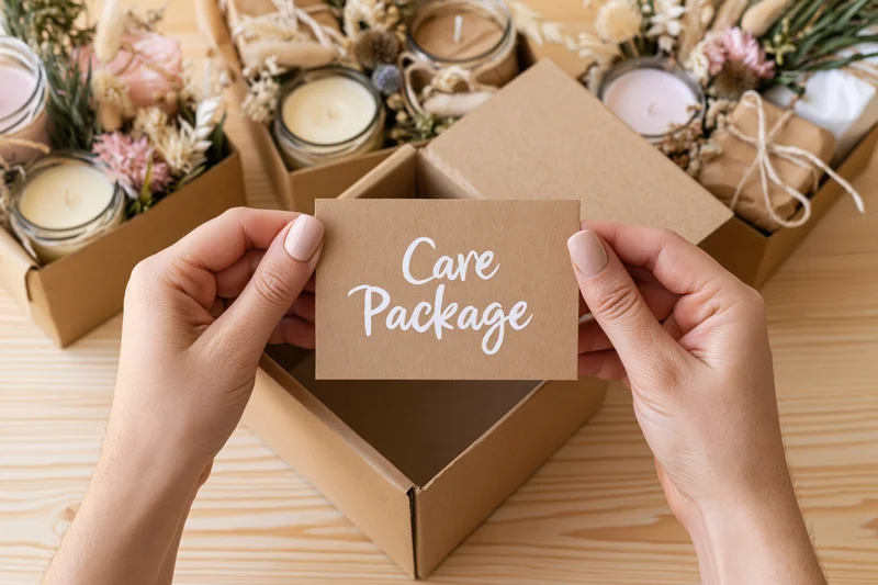 Hands holding a kraft paper card labeled care package over an open gift box filled with candles and dried flowers on a wooden surface