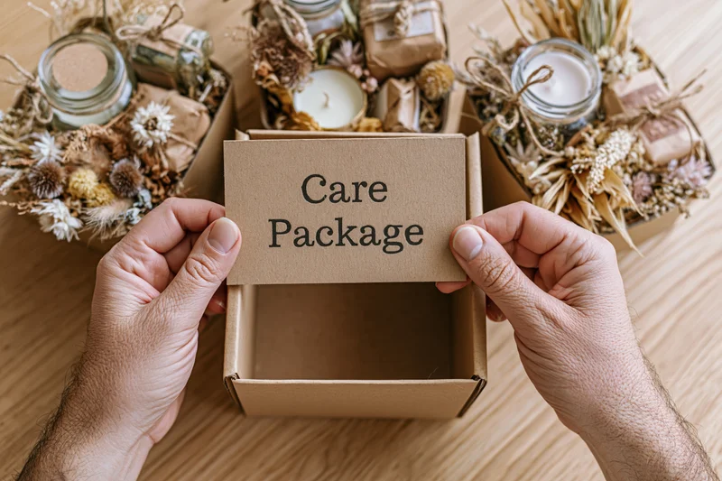 Hands holding a kraft paper card labeled care package over an open box on a wooden surface surrounded by gift items