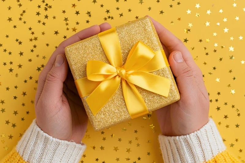Hands holding a gold glitter gift box with yellow ribbon against a star-patterned yellow background
