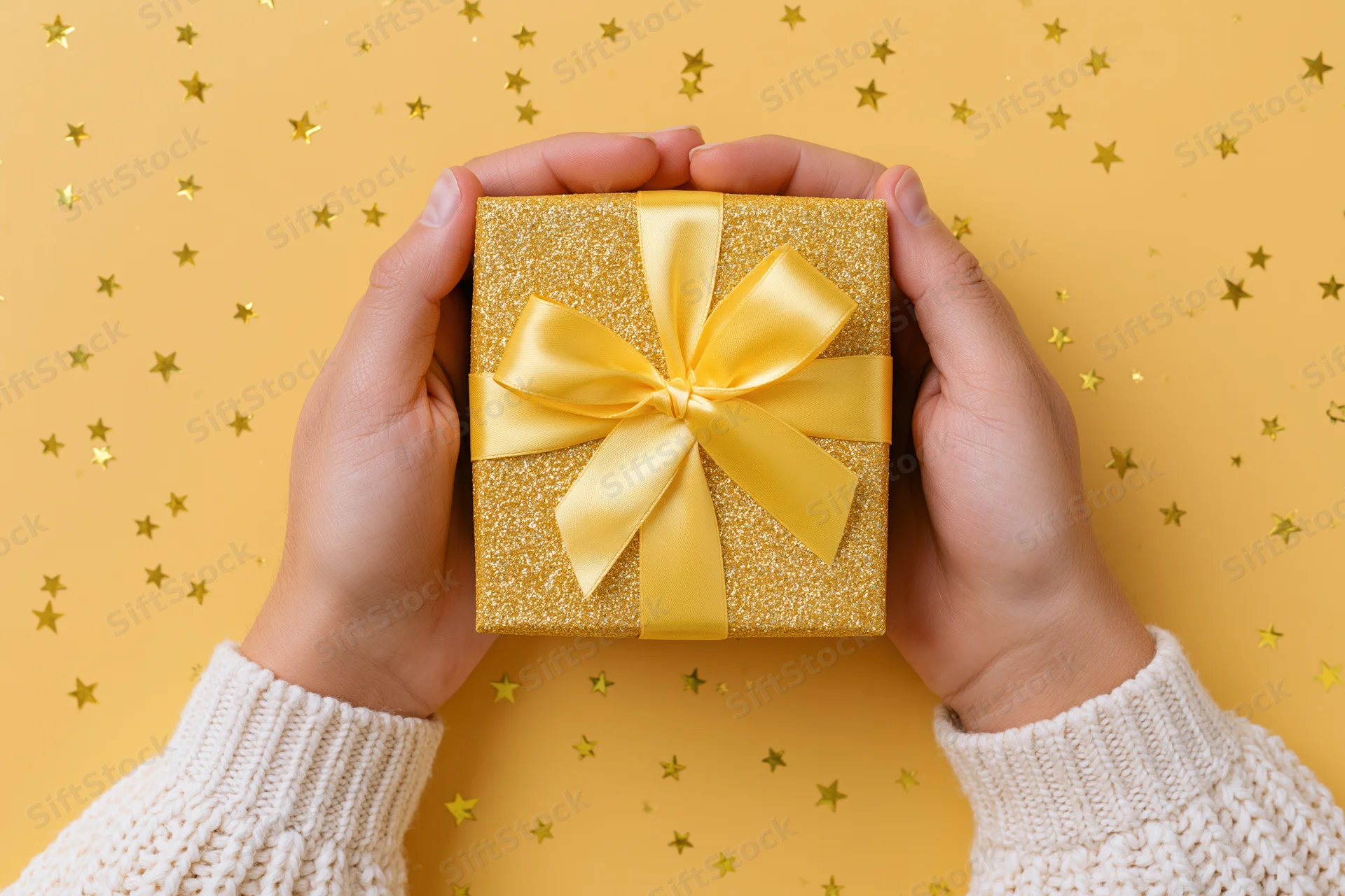 Hands holding a gold glitter gift box with yellow ribbon against a starry yellow background