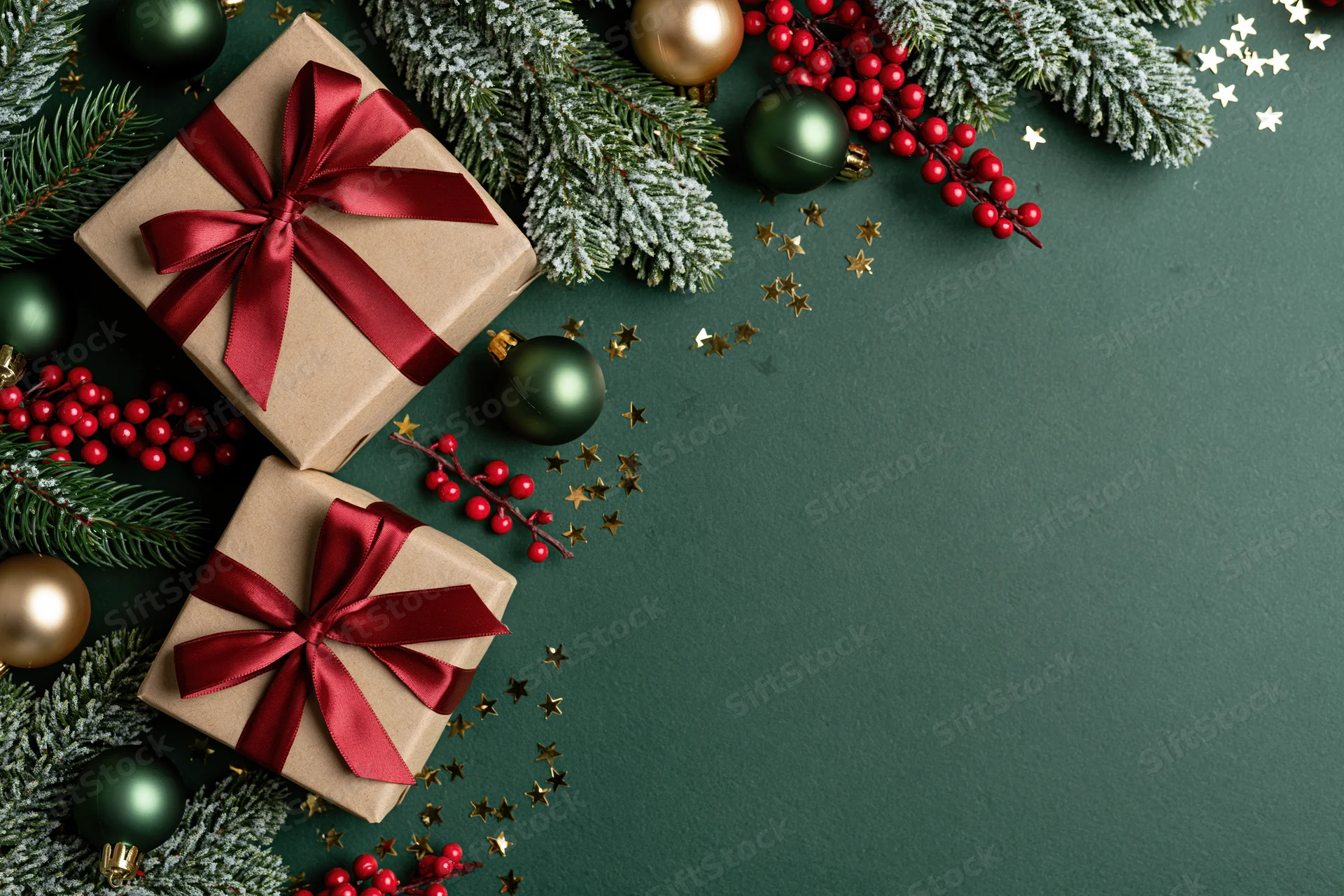 Two kraft paper gift boxes with red satin ribbon bows arranged with pine branches, ornaments, berries and stars on dark green surface