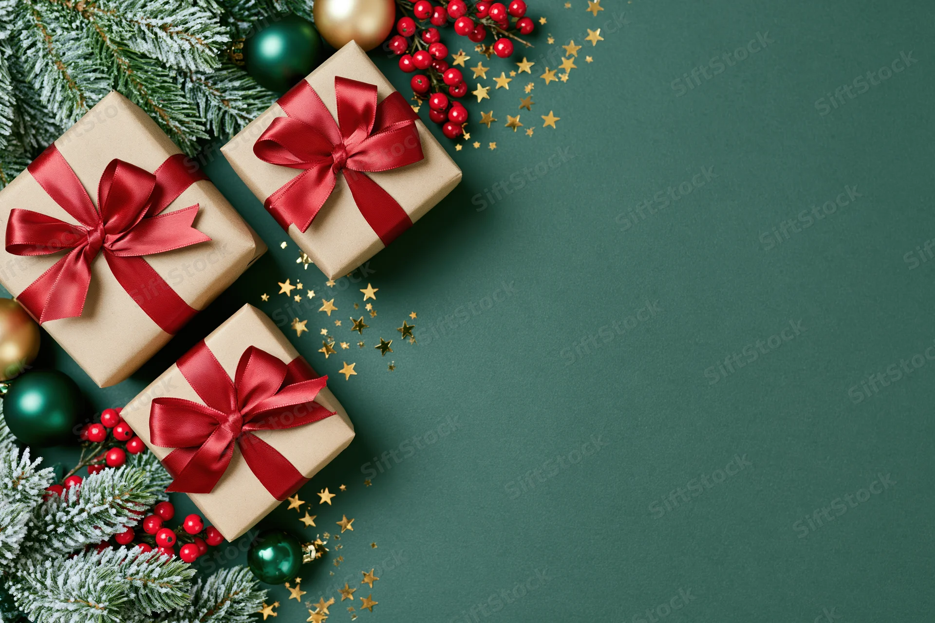 Three kraft paper gift boxes with red satin ribbon bows arranged with pine branches, berries, ornaments and gold stars on a green surface