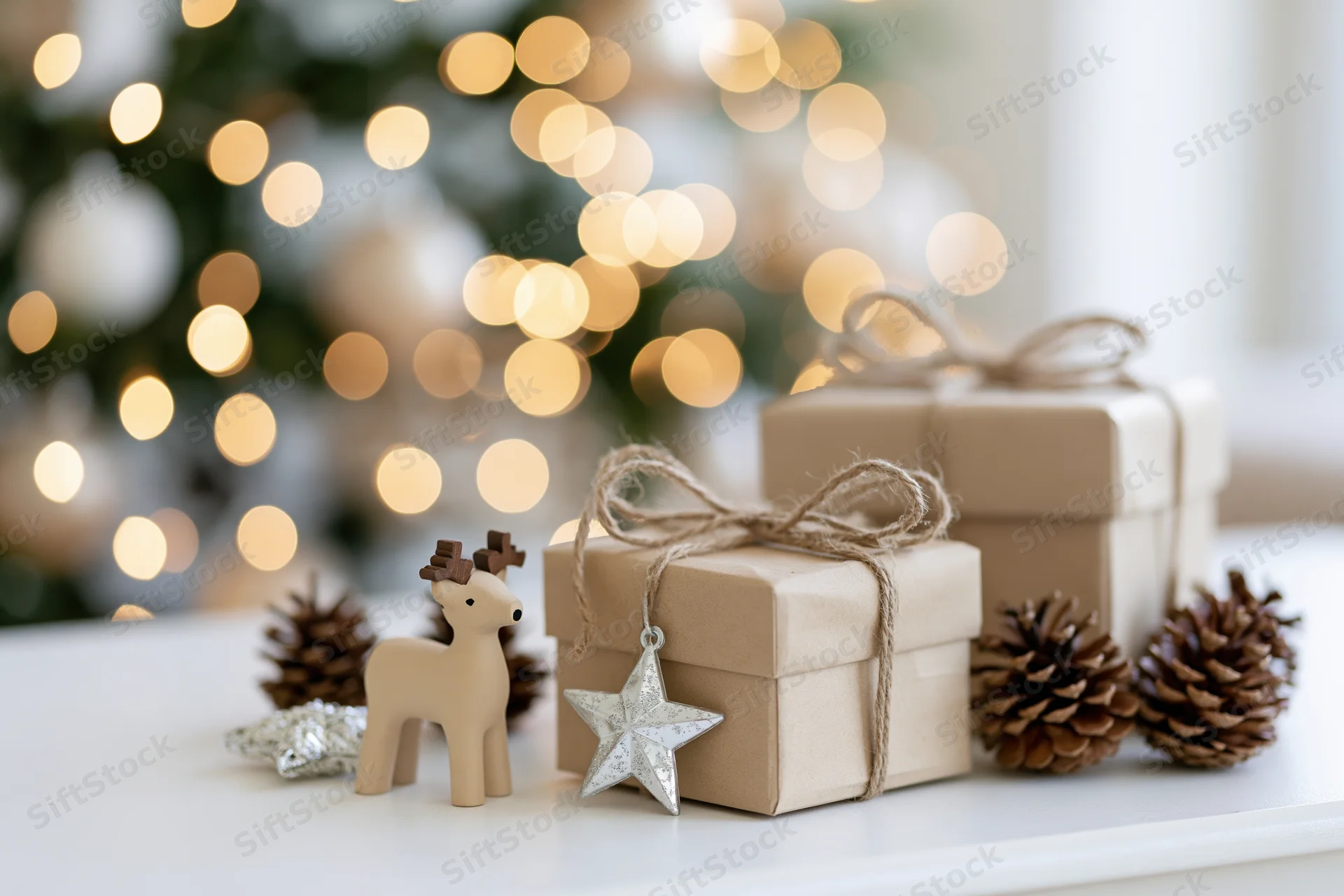 Two kraft paper gift boxes tied with twine and a small wooden reindeer on a white surface with blurred christmas tree lights in the background