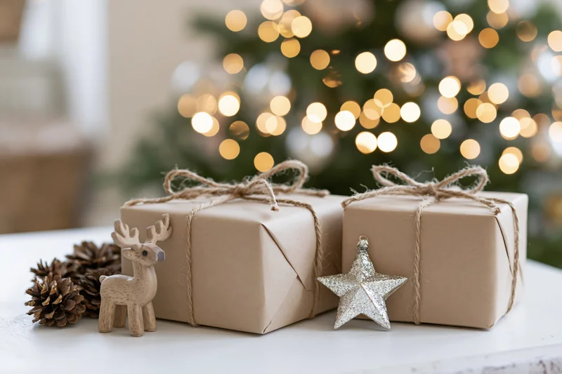 Two kraft paper gift boxes tied with twine on a white table with a wooden reindeer, pinecones, and a glitter star, in front of a blurred christmas tree with warm lights