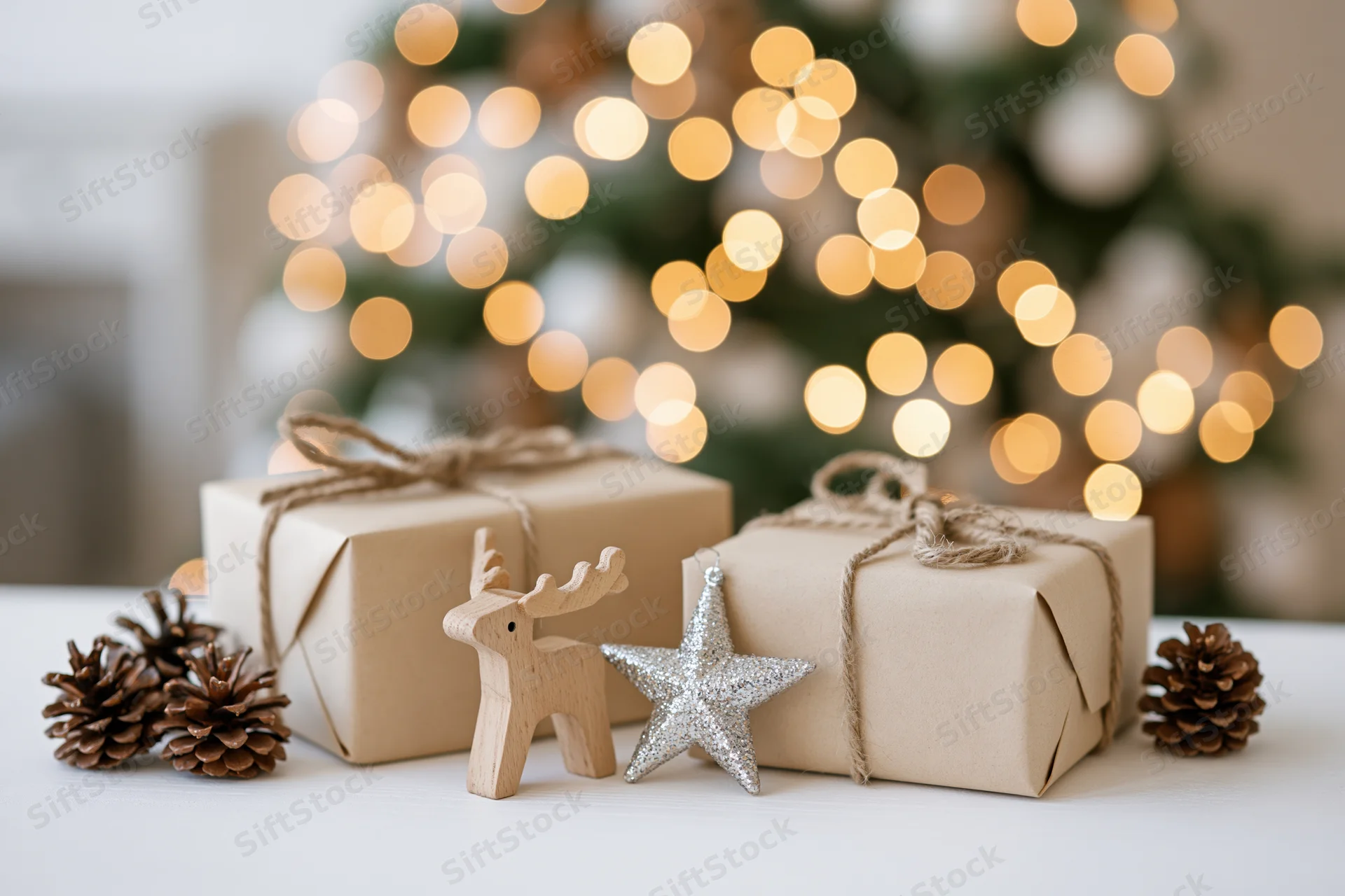 Two kraft paper gift boxes tied with twine on a white table with pinecones, a wooden reindeer, and a glitter star, blurred christmas tree lights in the background