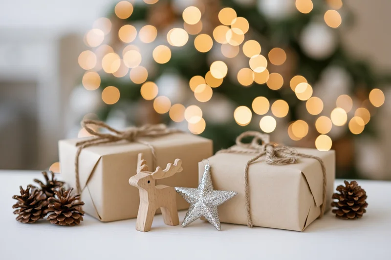 Two kraft paper gift boxes tied with twine on a white table with pinecones, a wooden reindeer, and a glitter star, blurred christmas tree lights in the background