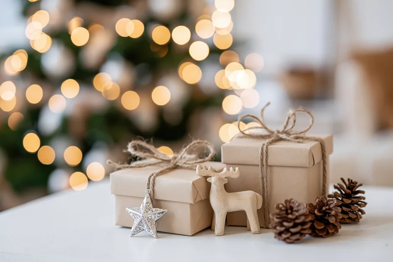 Two kraft paper gift boxes tied with twine and decorated with a wooden reindeer and pinecones on a white table with blurred christmas tree lights in the background