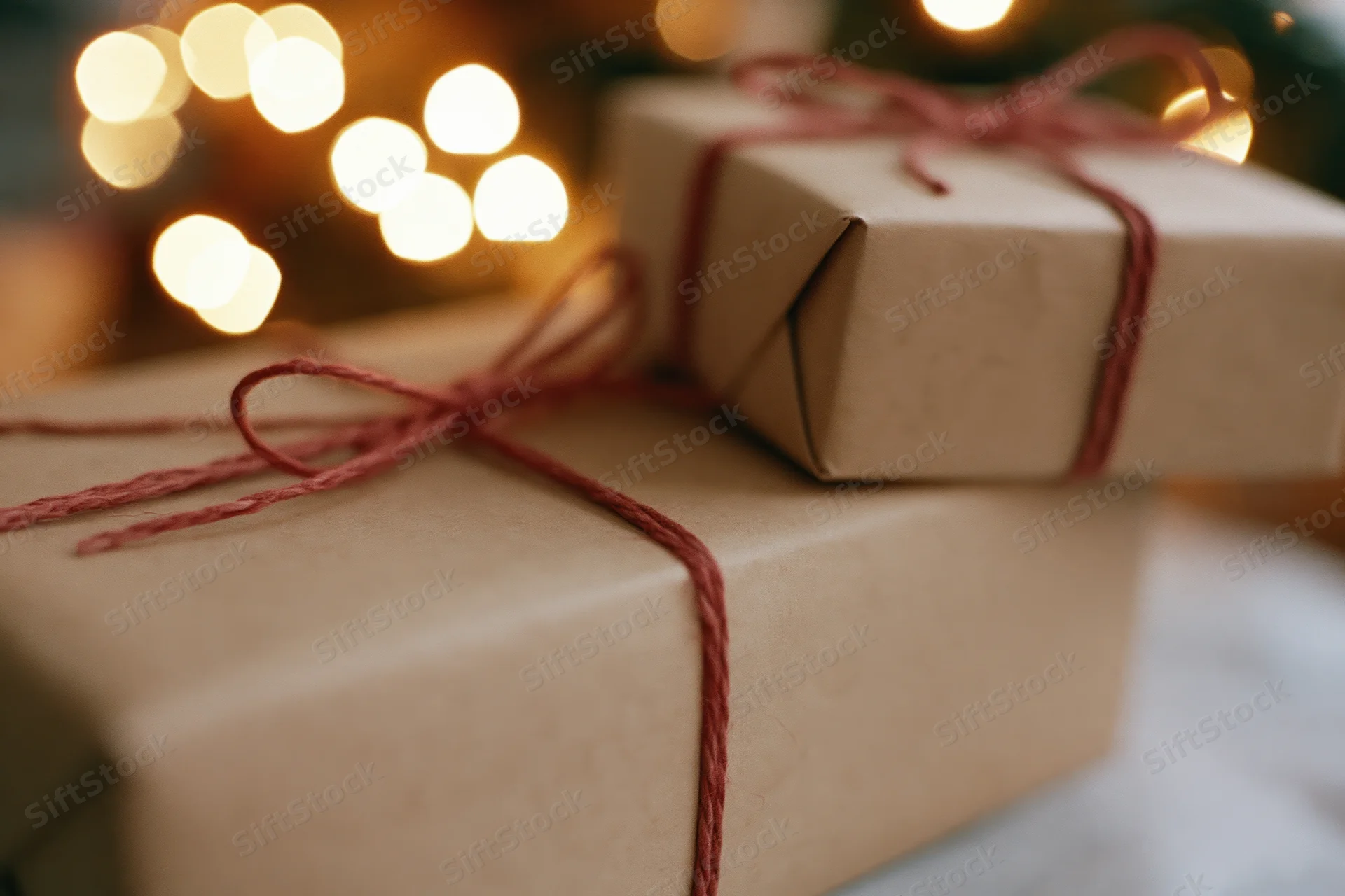 Two kraft paper gift boxes wrapped with red twine bows stacked on a surface with blurred holiday lights in the background