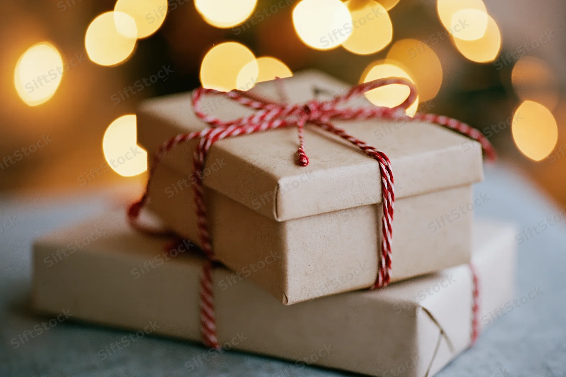Two kraft paper gift boxes stacked and tied with red twine bows on a soft surface with warm bokeh lights in the background