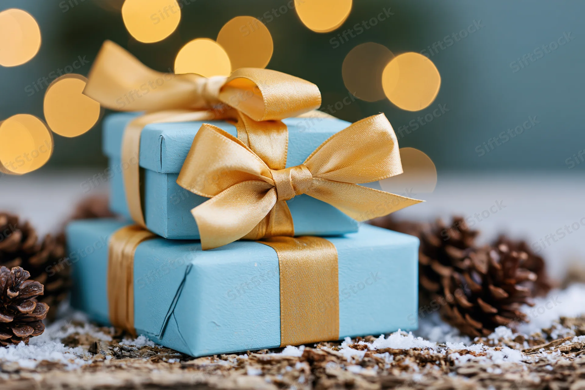 Two light blue gift boxes tied with gold satin ribbons stacked on snowy wood with pinecones and bokeh lights behind