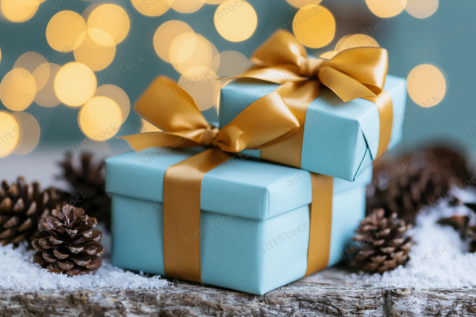 Two light blue gift boxes tied with gold satin ribbons stacked on snowy wood with pinecones and bokeh lights behind