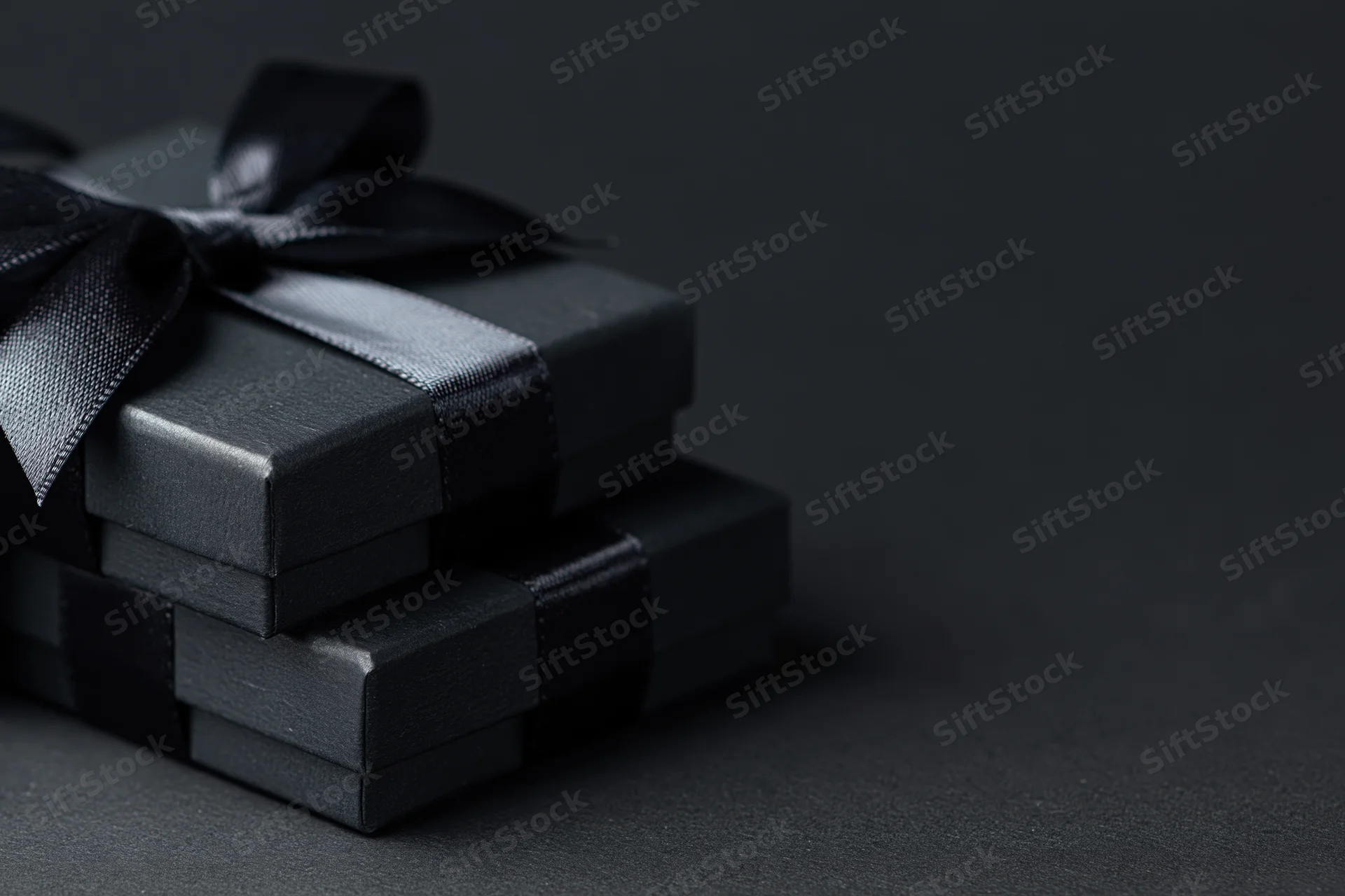 Two matte black gift boxes stacked and tied with satin ribbon on dark surface