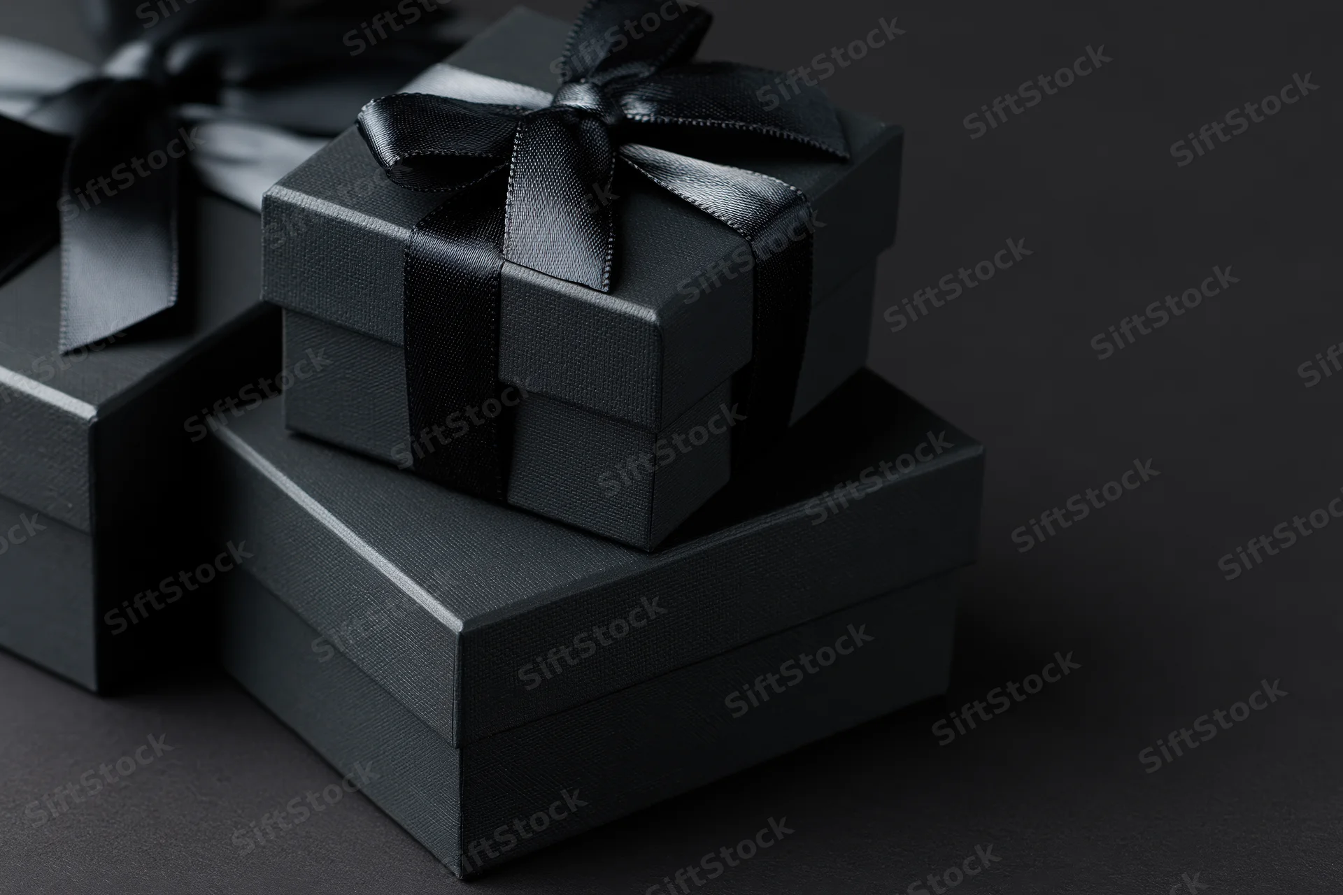 Stacked matte black gift boxes tied with ribbons on dark surface