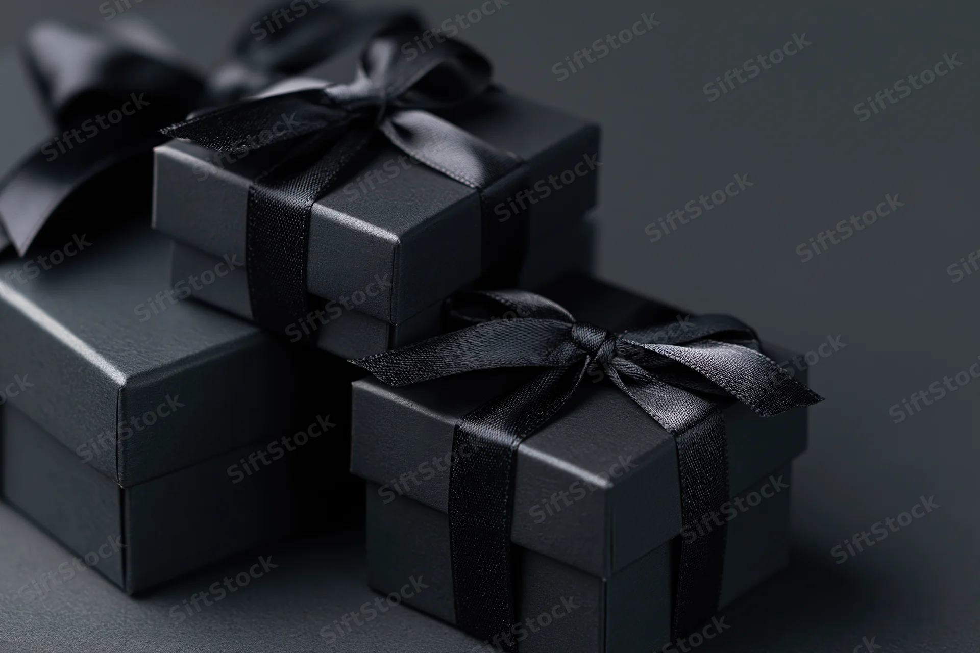 Matte black gift boxes tied with satin ribbons stacked on a dark surface