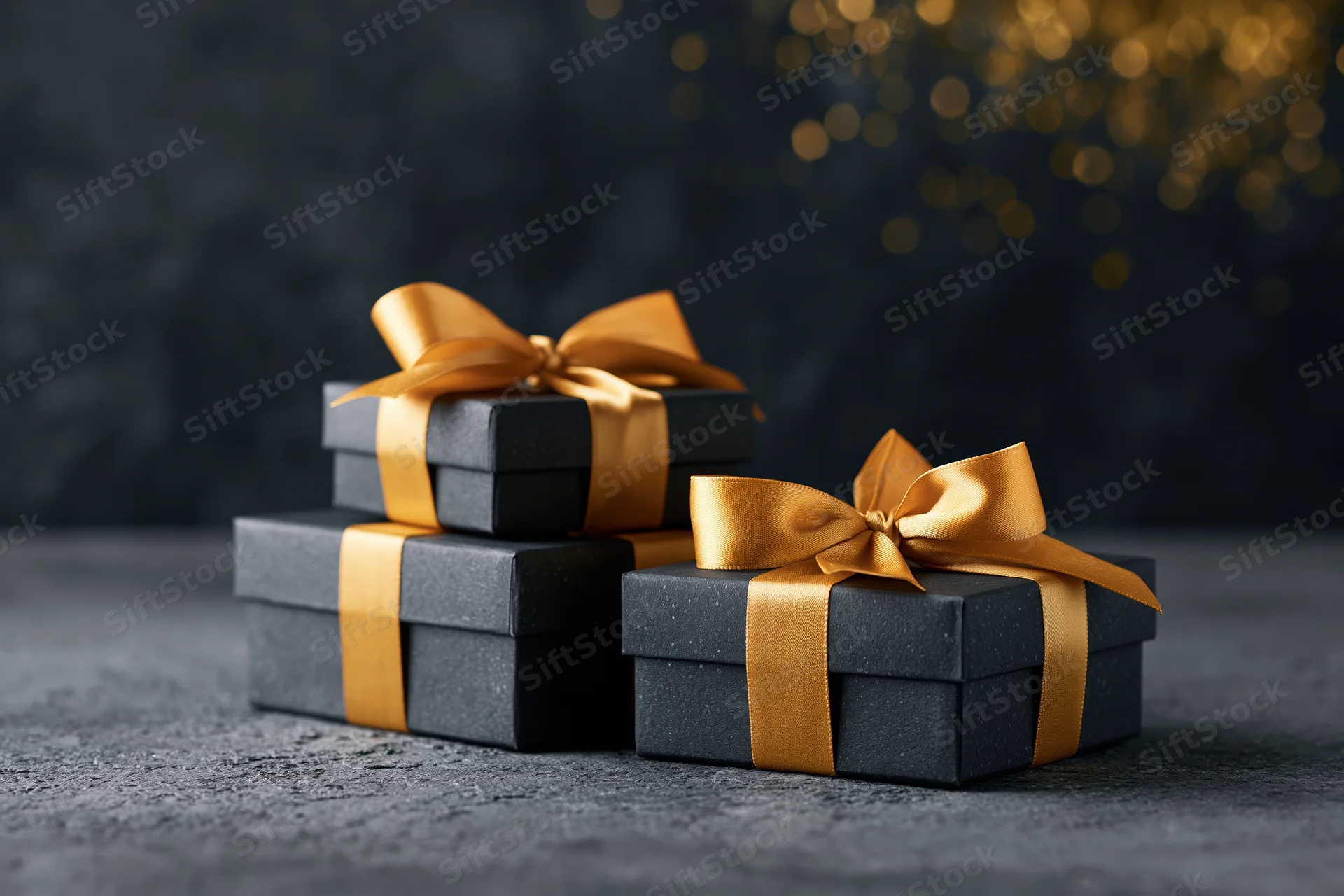 Matte black gift boxes with gold satin ribbon bows arranged on a dark textured surface with bokeh lights in the background