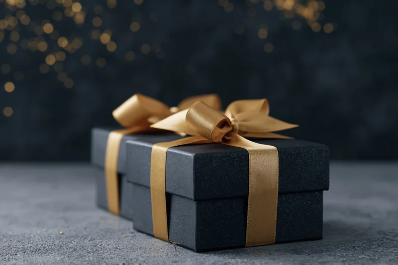 Two matte black gift boxes with gold satin ribbon bows stacked on a dark surface with bokeh lights in the background