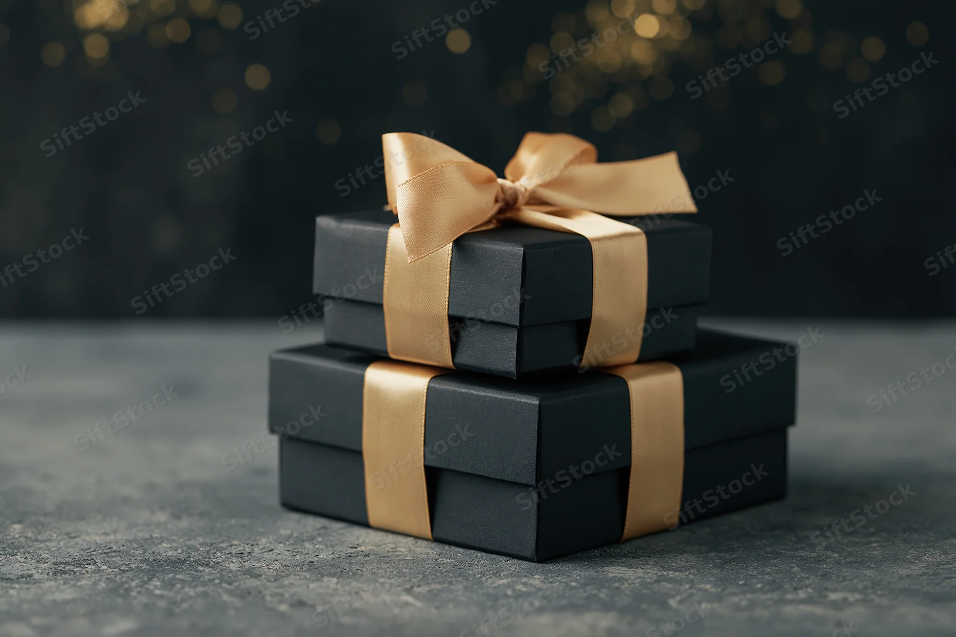 Two matte black gift boxes with gold satin ribbon bows stacked on a dark surface