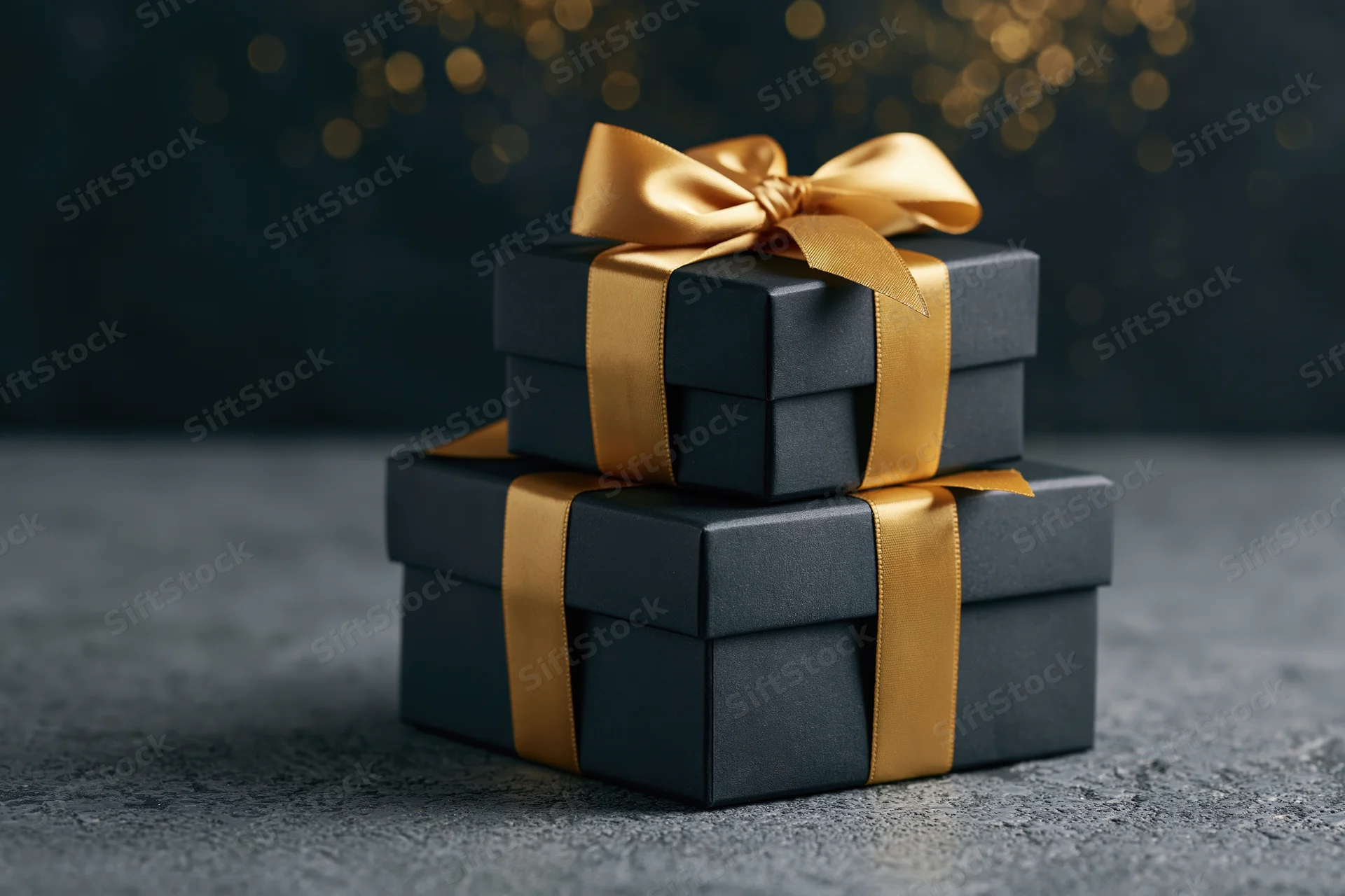 Two matte black gift boxes with gold satin ribbon bows stacked on a textured surface