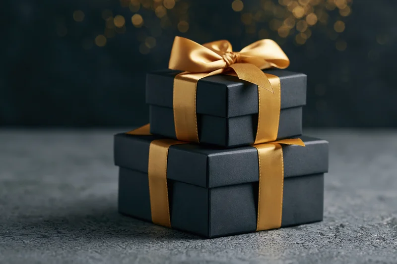Two matte black gift boxes with gold satin ribbon bows stacked on a textured surface