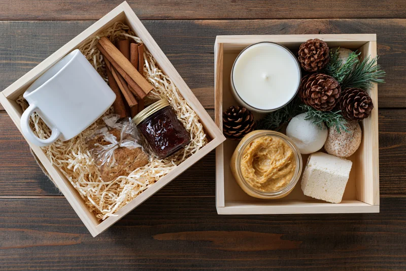 Two open wooden gift boxes filled with cozy care package items on dark wood surface