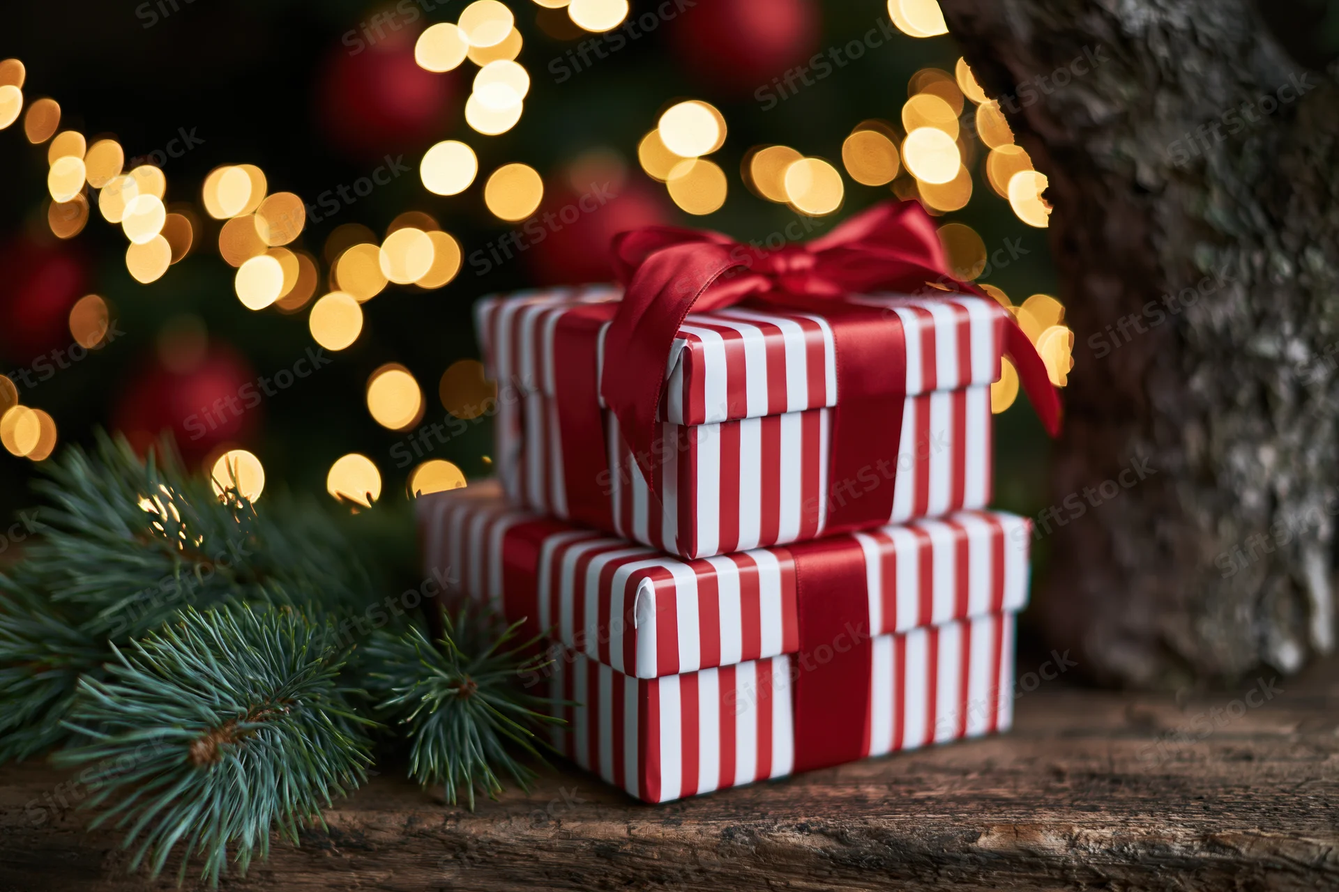 Two red and white striped gift boxes stacked on a wooden surface near a decorated christmas tree with bokeh lights